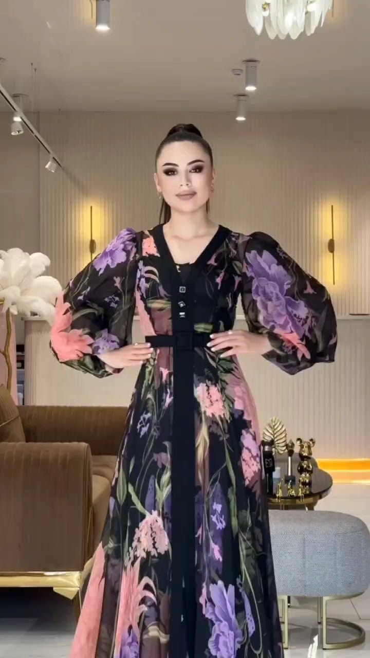 Digital Print Lined Chiffon Dress HOLLY9 - kewe